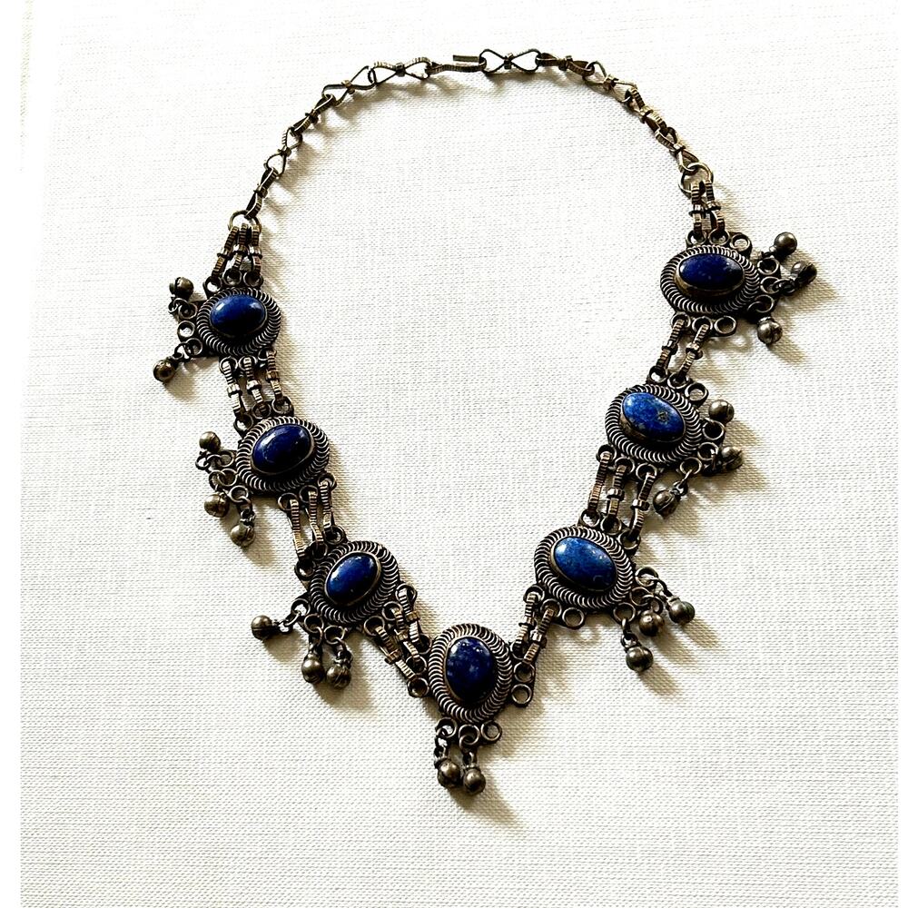 Vintage Afghan Tribal Lapis Lazuli Necklace Kuchi Silver Tone Statement